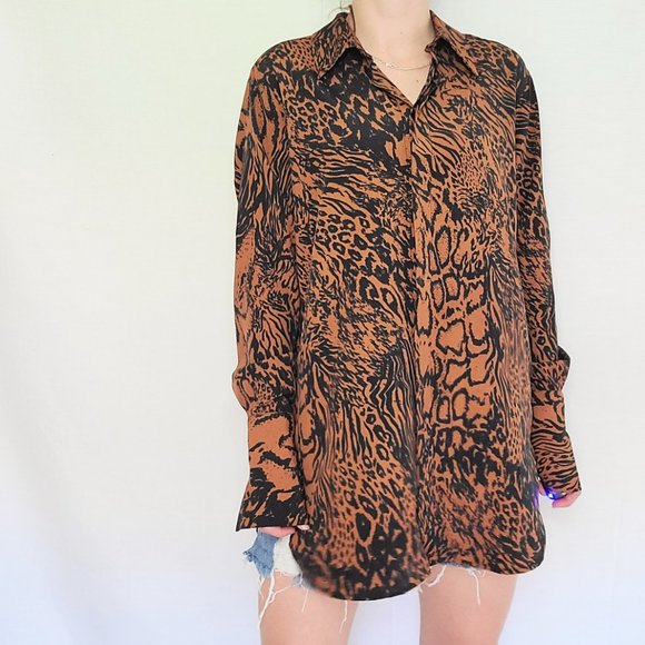 TopShop Black & Brown Tiger/Leopard Print Mixed Animal Pattern Button Down Shirt - Picture 3 of 10
